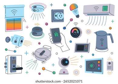 Ilustração vetorial de desenho animado plano de equipamento doméstico inteligente e dispositivo controlado por voz. Conceito de tecnologia moderna com aparelhos Wi Fi, controle de smartphone, automação residencial, sistema de segurança