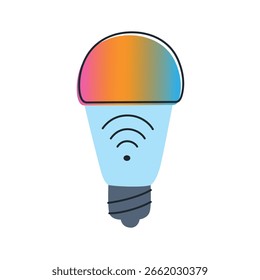 Ilustración vectorial plana de dibujos animados de bombilla inteligente con control Wi Fi, Configuraciones de cambio de color y acceso remoto a través de un teléfono inteligente. Domótica, eficiencia energética, tecnología de iluminación