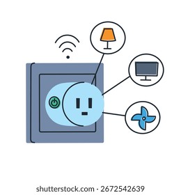 Ilustração vetor de desenho animado plano de soquete inteligente com controle wifi para casa inteligente. Dispositivo de plugue inteligente para gerenciamento remoto de iluminação, televisão, ar condicionado, ícone de automação doméstica