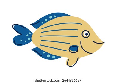 Ilustração vetor de desenhos animados planos de sorridente personagem de peixe anjo real com listras amarelas e barbatanas azuis. Animais marinhos tropicais bonitos para crianças produtos, projetos temáticos oceânicos, decoração de berçário, educação