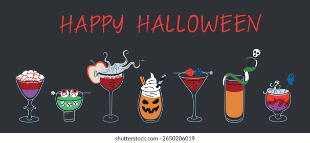 Flat cartoon vector illustration with spooky Halloween drinks and cocktails. Happy Halloween text. Pumpkin cocktail with whipped cream, bubbling potion, creepy party atmosphere, themed beverages
