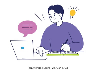 Flat cartoon vector illustration of student at desk with notebook and laptop, studying and writing notes. Concept of education, learning, office work, creativity, planning, productivity, knowledge