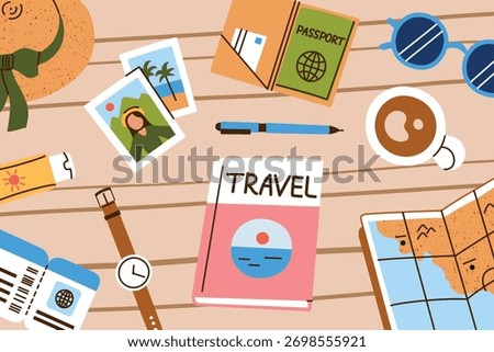 Flat cartoon vector illustration of stylish travel planning composition on table top view with map, book and hat. Concept of vacation organization, adventure preparation and summer holiday design
