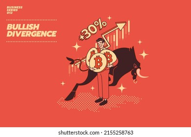 Flat Cartoon Vector Illustration of Successful Businessman or Trader with Bull Rising Up with Arrow Candle Stick Chart and Money Piles around in the background.