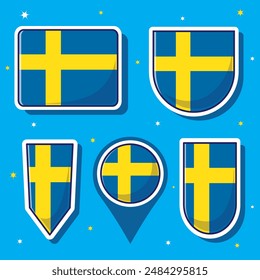 Flat cartoon vector illustration of Sweden national flag with many shapes inside