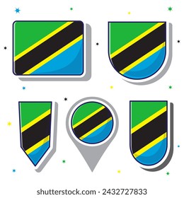 Flat cartoon vector illustration of Tanzania national flag with many shapes inside