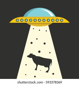 Flat cartoon vector illustration with ufo abduction on dark sky in the town