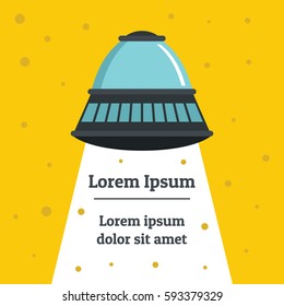 Flat cartoon vector illustration with ufo abduction on dark sky in the town