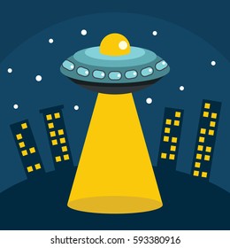Flat cartoon vector illustration with ufo abduction on dark sky in the town