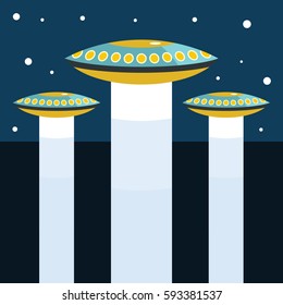Flat cartoon vector illustration with ufo abduction on dark sky in the town