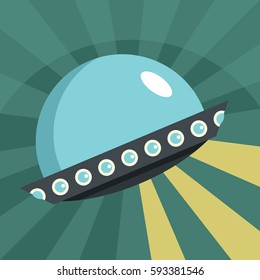 Flat cartoon vector illustration with ufo abduction on dark sky in the town