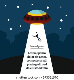Flat cartoon vector illustration with ufo abduction on dark sky in the town