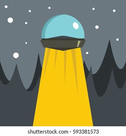 Flat cartoon vector illustration with ufo abduction on dark sky in the town