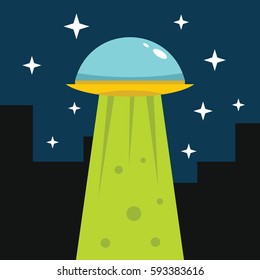 Flat cartoon vector illustration with ufo abduction on dark sky in the town