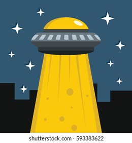Flat cartoon vector illustration with ufo abduction on dark sky in the town