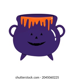 Flat cartoon vector illustration of a witch's cauldron with an orange potion, isolated on a white background. A symbol of witchcraft. A traditional Halloween element.