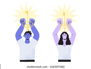 Flat cartoon vector illustration of woman and man holding golden keys in their hands isolated on a white background. Concept of business and problem solution and key to success. Key success factor.