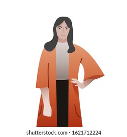 Flat cartoon vector illustration. The woman who is standing and smiling. Using white and orange clothes. With a white background.