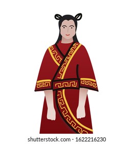 Flat cartoon vector illustration. The woman who is standing and smiling. Using Chinese culture costumes. With a white background.
