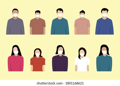 Flat cartoon vector illustration woman and man wearing medical mask