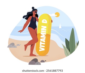 Flat cartoon vector illustration of a woman in a swimsuit holding a giant Vitamin D capsule on a sunny beach. Concept of sun exposure, health benefits, and summer lifestyle