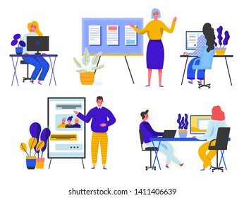 Flat cartoon vector illustration with  working people. Set of scenes with efficient and effective time management and multitasking at work. 