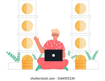 Flat cartoon vector illustration young man sitting with laptop earning money online next to stacks of gold coins.   Passive income, investment, finance savings, freelance, distant work for banner.