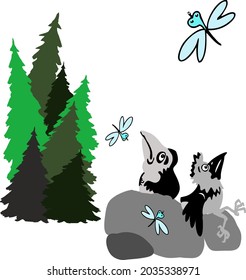 Flat cartoon vector image of a small coniferous forest, hooded crows and a dragonfly.