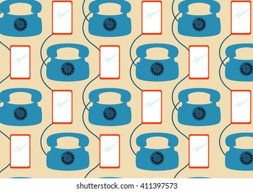 Flat cartoon vector isolated retro analog pink and green phones and yellow and spring green smart phones on light background