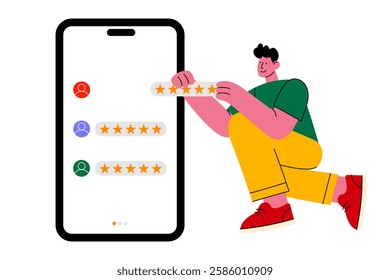 Flat cartoon vector of a man leaving a five-star review on a mobile app. Ideal for concepts like customer feedback, online ratings, e-commerce, business reputation, and user experience.