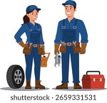 Flat cartoon vector of a mechanic in uniform holding wrench, wearing cap and gloves. Ideal for automotive, repair, or profession-themed visuals.