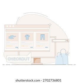 Flat Cartoon Vector of Online Shopping Activity via Computer
