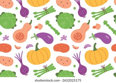 Flat cartoon vector pattern with autumn vegetables and seasonal harvest elements. Colorful seamless background with pumpkin, eggplant, cabbage, asparagus illustrations. Farming, kitchen, healthy food