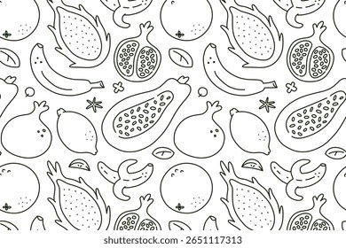 Padrão de vetor de desenho animado plano com frutas exóticas em preto e branco. Fundo sem costura com bananas, romãs, papaias, pitaiaias. Tema tropical, embalagem, decoração de cozinha, design de verão