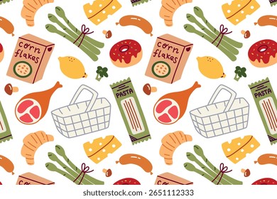 Flat cartoon vector pattern with shopping basket, vegetables, cheese and meat. Grocery shopping, food retail and kitchen design, packaging illustrations, culinary blog visuals, supermarket marketing