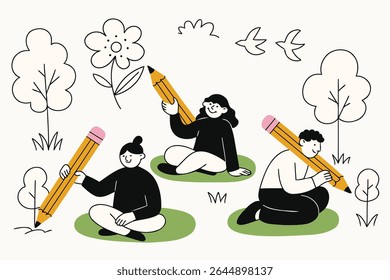 Flat cartoon vector of people sitting on grass, drawing with giant pencils in a peaceful natural setting. Perfect for creative, educational, outdoor, or mindfulness-themed design projects.