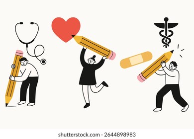 Flat cartoon vector of people using giant pencils to draw medical symbols like hearts, stethoscopes, and bandages. Great for health, wellness, education, and medical design projects.