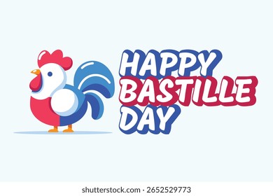 Vetor de desenho plano de um galo gaulês orgulhoso em vermelho, branco e azul com a tipografia Feliz Dia da Bastilha. Ótimo para projetos de temática francesa e conteúdo infantil.