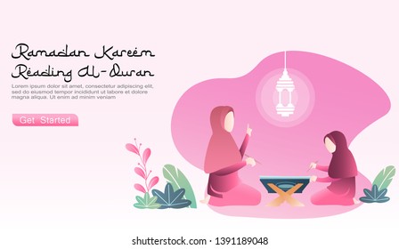 flat cartoon vector ramadhan kareem illustration. a parent (mother) teaches her daughter to learn read the Koran. with  Ramadhan lamp/lantern icon, there are 2 sets of plants. suitable for website, UI