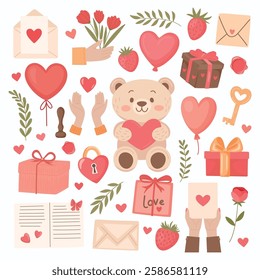 Flat Cartoon Vector Romantic Valentines Day Clipart Set. Cute Teddy Bear, Love Letter, Heart Balloons, Gifts, Flowers, Keys, Handwritten Notes. Icons for Greeting Cards, Stickers, Invitations, Decor