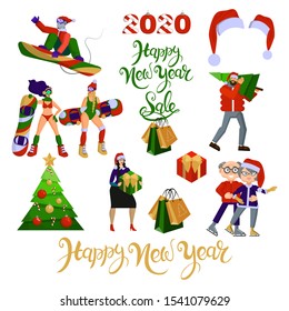 Flat cartoon vector set about Christmas and New Year with objects and characters on white background. The symbol of 2020 is mouse on snowboard. Isolated object on white background