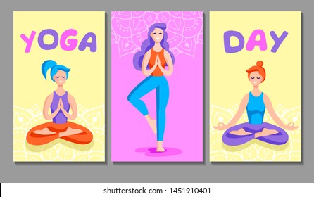 Flat cartoon vector set of colorful banners. Three  young women practice yoga in different poses. Happy Yoga Day.