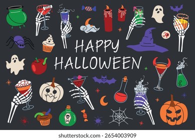 Flat cartoon vector set of Halloween illustrations on dark background. Spooky party, skeleton hands holding creepy cocktails, jack o lanterns, witch elements, ghosts. Holiday festive decor, bar menu