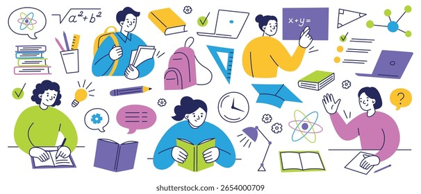 Flat cartoon vector set of students and school elements. Characters studying, reading, writing, answering questions in class and at board. Education, science illustrations, learning and exam