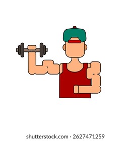 Vetor de desenho animado plano de um jovem forte em um topo de tanque vermelho levantando um haltere com um braço, visto da frente. Estilo ginásio urbano com membros geométricos e atitude ousada.