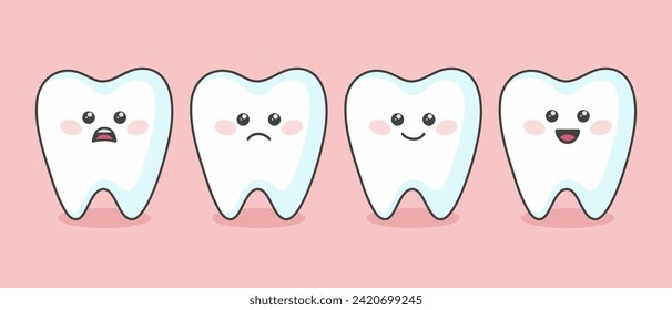 Flat Cartoon Vector Tooth Set with Different Emotions and Face Expressions. Happy, Sad, Smiling Teeth. Dental Inspection Banner. Tooth Character, Kawaii Style. Medical, Dentist, Dental Health Concept