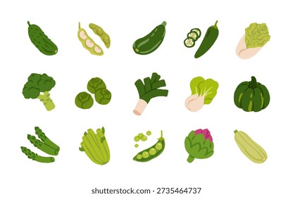Flat Cartoon Vegetable Set. Fresh Farm Vegetables Icons Collection, Colorful Healthy Food Illustration, Organic Veggies Vector for Market, Menu, Packaging