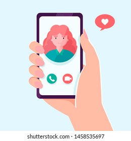 flat cartoon video player app on smartphone screen with speaking happy girl and speech bubble with heart on phone concept of online chat app, internet talk call. vector illustration,