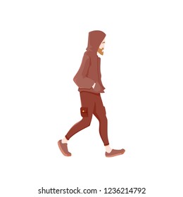 Flat cartoon walking man with beard, vector illustration character isolated on white background
