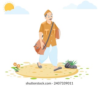 Flat cartoon of a walking, rural postal man